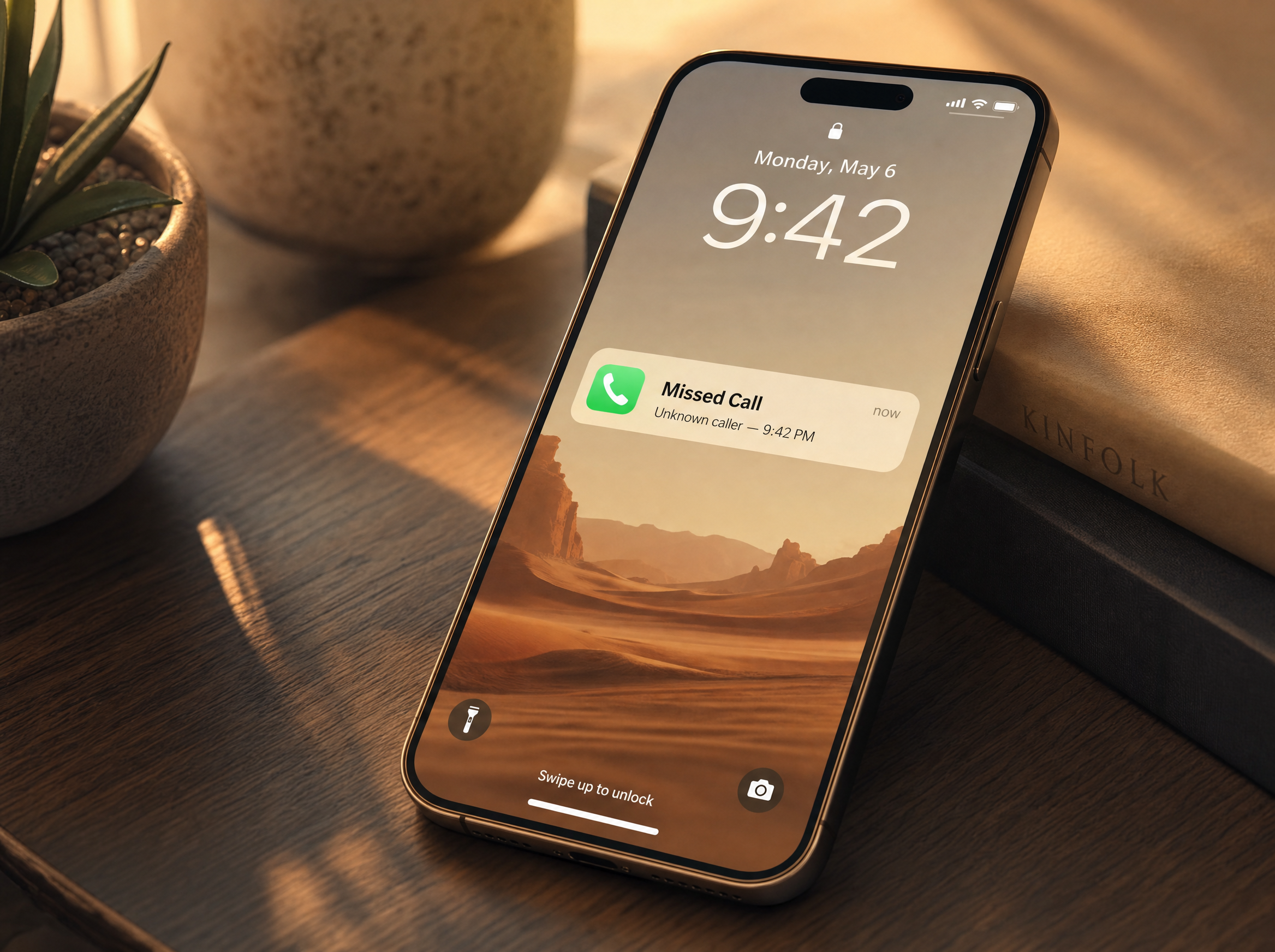 Smartphone screen showing a 'Missed Call' notification from an unknown caller at 9:42 PM