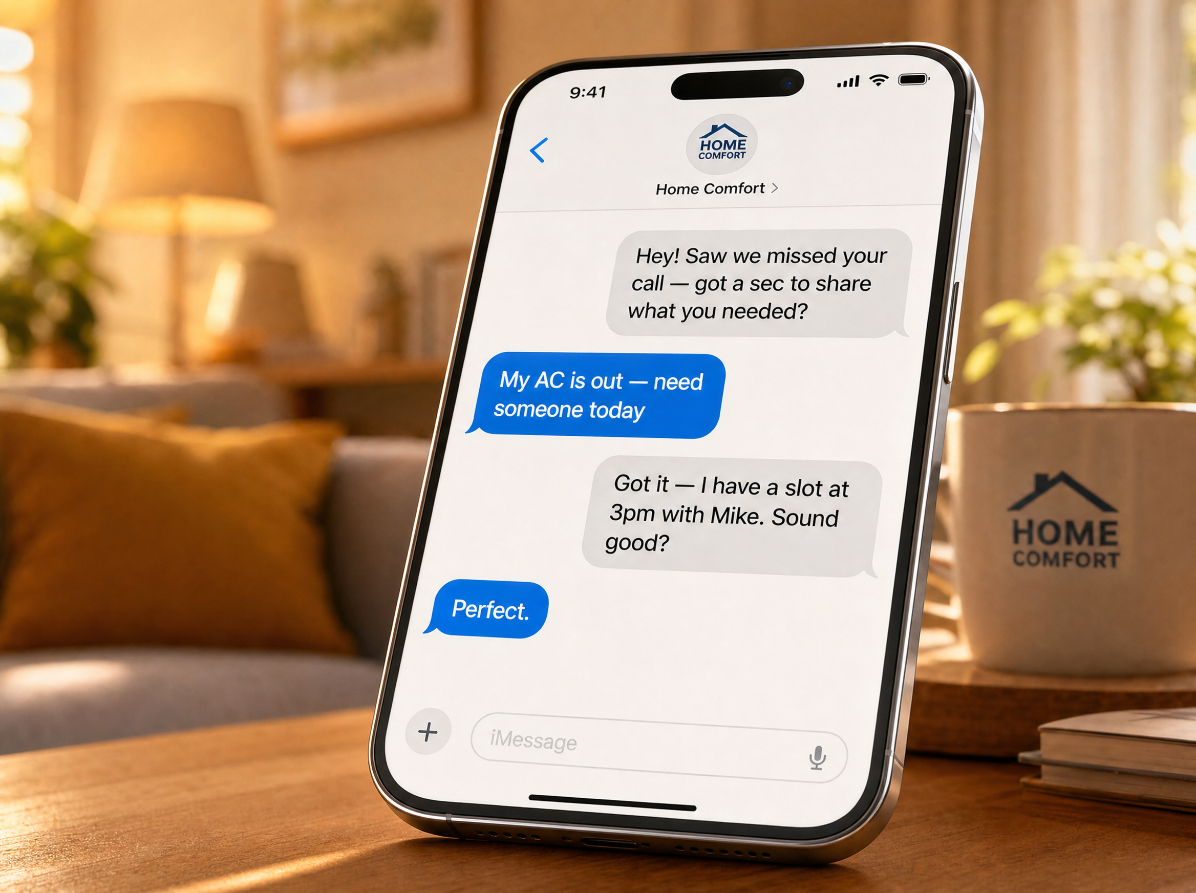 Smartphone showing an iMessage thread where AI texts back a missed caller, qualifies the AC repair need, and books a 3pm slot