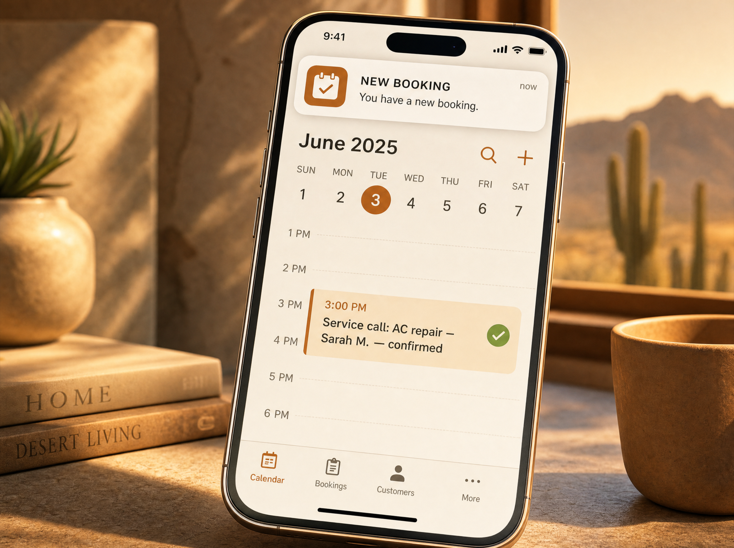 Calendar app showing 'NEW BOOKING — Service call: AC repair — Sarah M. — confirmed' at 3:00 PM Tuesday